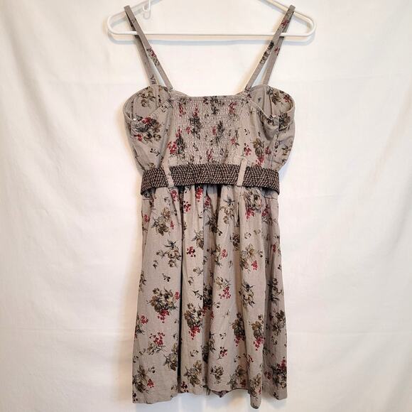 Deb Juniors Floral Dress L Belted Smocked Back Padded Bra Linen/Cotton - Picture 3 of 7